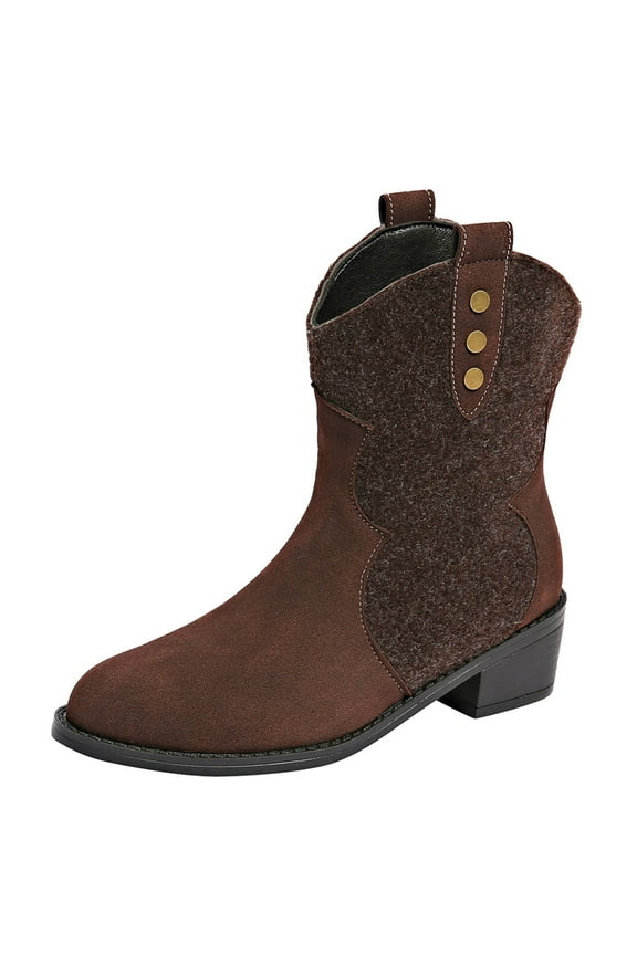 Ankle Boots Women Retro Western Cowboy Boots Patchwork Half Boots with Heel Half-high Comfortable Slip-On Shoes Half-high Winter Boots Coffee 36