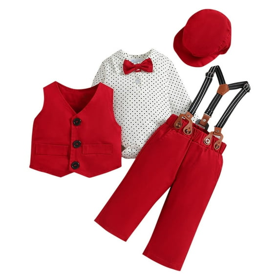 Tao Tao Baby Boy 4 Piece Formal Outfit Suit Gentleman Dress Shirt Waistcoat Bowtie Tuxedo RomperSuspenders Pants Hat Set for Wedding Red 12 Months