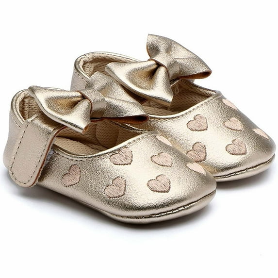 Tao Tao Baby Girls Shoes Soft Sole Mary Jane Flats Princess Dresses Shoes PU Cute Bow Prewalker Gold 0-3Months