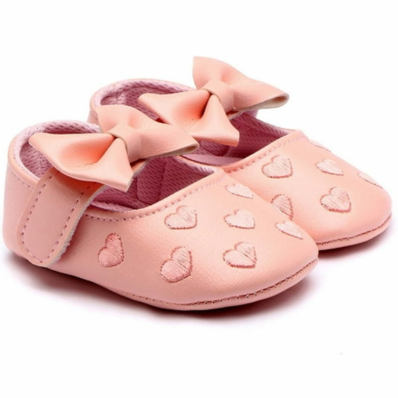 Tao Tao Baby Girls Shoes Soft Sole Mary Jane Flats Princess Dresses Shoes PU Cute Bow Prewalker Pink 0-3Months
