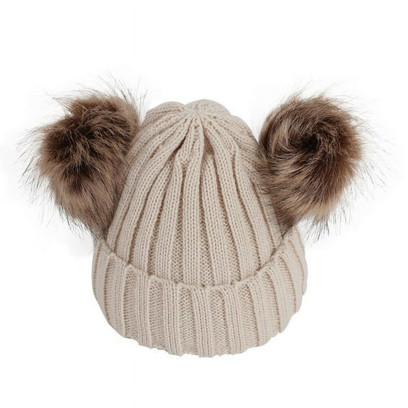 Tao Tao Beanie Women - 2 Pom Ears Cable Knit Winter Warm Fleece Hat - Wool Snow Outdoor Ski Cap Beige Free Size