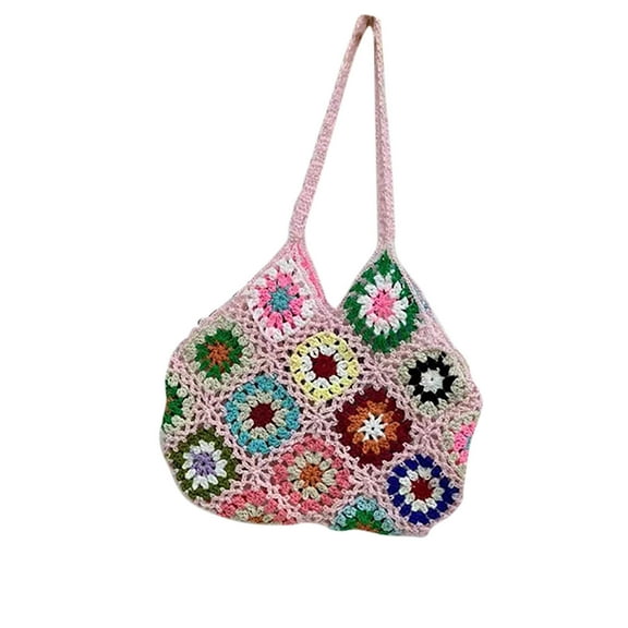 Tao Tao Boho Bag Crochet Cute Multicolor Hollow Out Handbag Vintage Knitted Bag for Beach Shoulder Bags Knitted Tote Bag Pink Free Size