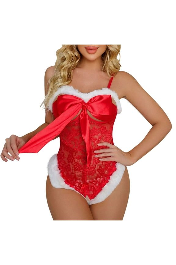 Christmas Fashion Underwear for Women Naughty Fashion Lace Bowknot Santa Teddy Babydoll Bodysuit Teddy One Piece Santa Outfit Red L