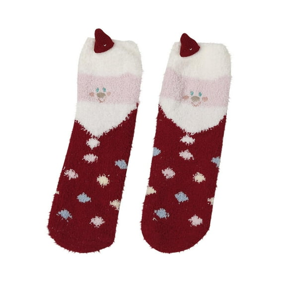 Tao Tao Christmas Fuzzy Socks Cute Coral Fleece Warm Cozy Socks Holiday Slipper Socks Xmas Fluffy Crew Socks For Women Girls Red Free Size