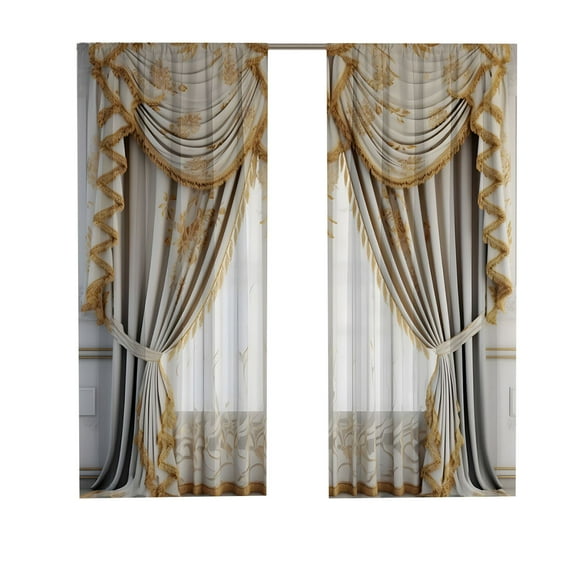 Tao Tao Classical Jacquard Window Drape Set, 2 Panels With Attached Fancy Victorian Style Damask Curtain Drape For Living Rooms 65 x 59 Inch A
