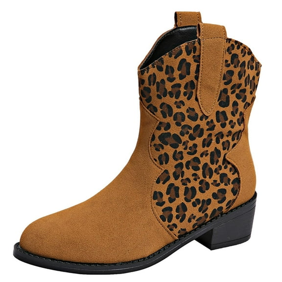 Tao Tao Cowboy Boots for Women Booties Stitched Leopard Printed Ankle Cowgirl Short Western Boots Brown 36