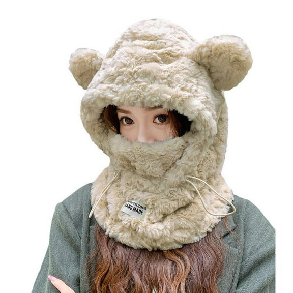 Tao Tao Cute Bear Ear Beanie Hat Scarf Winter Women Kawaii Bear Ear Beanie Hat Scarf 2 in 1 Party Holiday Hats Warm Beanie Hat Beige Free Size