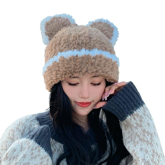 Tao Tao Cute Bear Knitted Beanie Hat For Women, Animal Ear Beanie Warm Hat Pullover Ski Beanie Gift For Christmas Birthday Khaki Free Size