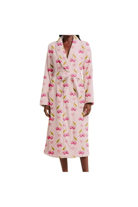 Cute Floral Fruit Robes For Women Y2k Cotton Lightweight Long Plush Robes Fuzzy Fleece Bathrobe With Belt Nightgown Pink M
