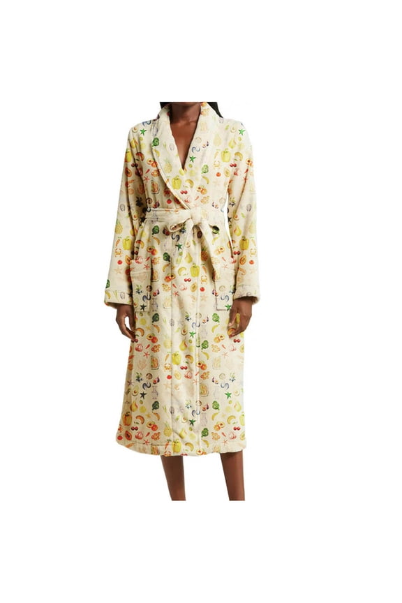Cute Floral Fruit Robes For Women Y2k Cotton Lightweight Long Plush Robes Fuzzy Fleece Bathrobe With Belt Nightgown Yellow L
