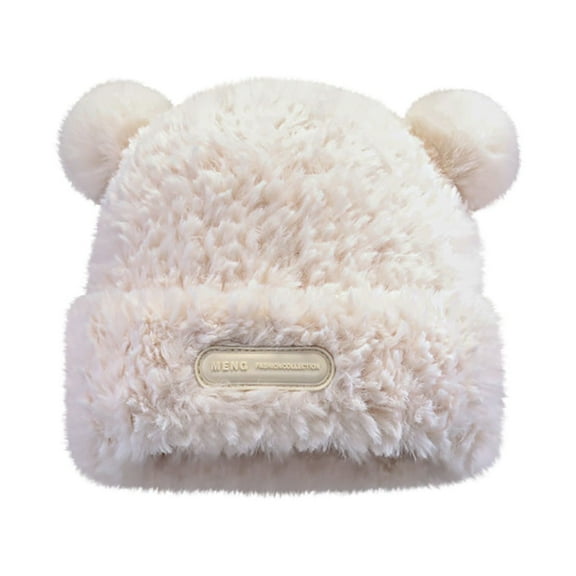 Tao Tao Cute Fuzzy Bear Ear Beanie Hat for Women Skin-Friendly Plush Warm Woolen Hat Winter Faux Fur Animal Knitted Hat Cap White