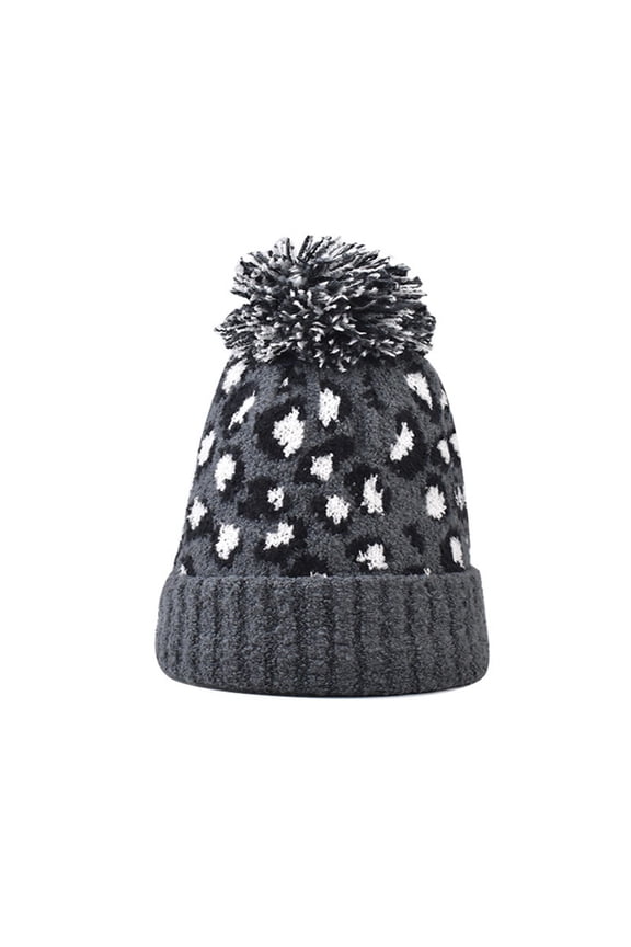 Fashion Women Men Leopard Pattern Fur Pom Cuffed Beanie Knitted Thick Warm Hat Soft Beanie Hat Gray Free Size