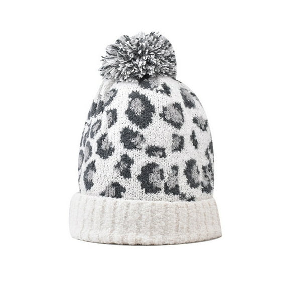Tao Tao Fashion Women Men Leopard Pattern Fur Pom Cuffed Beanie Knitted Thick Warm Hat Soft Beanie Hat White Free Size