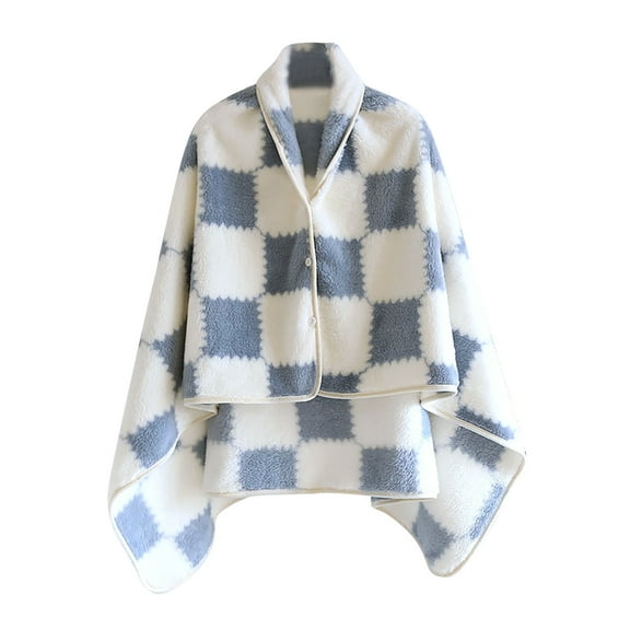Tao Tao Flannel Wearable Blanket, Plaid Comfy Poncho Throw with Buttons, Plush Sleeveless Blankets, for Women Cape Wrap Cover Blue Free Size