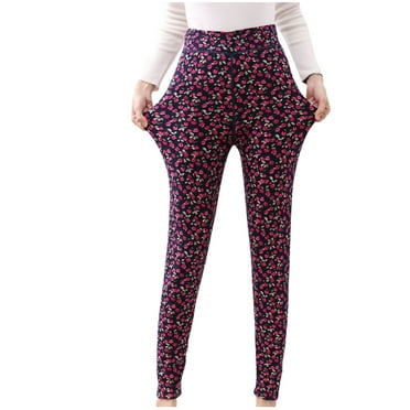 Tao Tao Fleece Lined Leggings Women High Waisted Tummy Control Floral Printing Leggings Winter Warm Thickened Yoga Pants Red 2XL