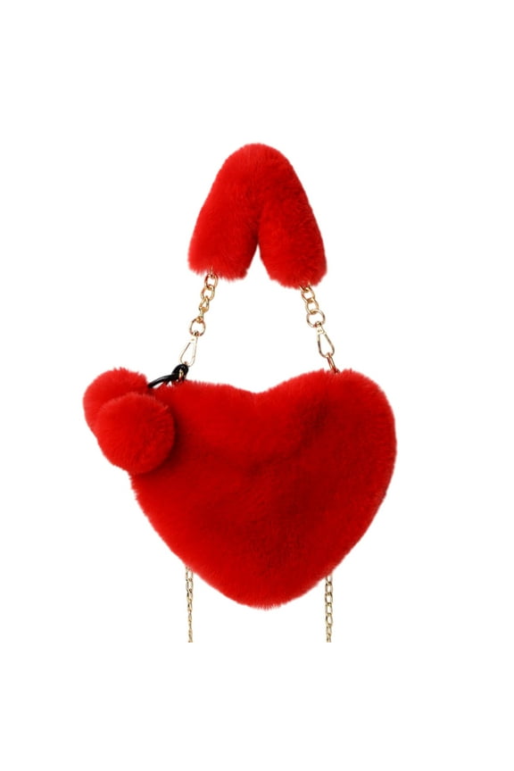 Furry Purse For Women Heart Shaped Fluffy Faux Fur Handbag For Women Soft Small Shoulder Bag Clutch Purse Crossbody Bag For Women Cute Chain Shoulder Handbag Red