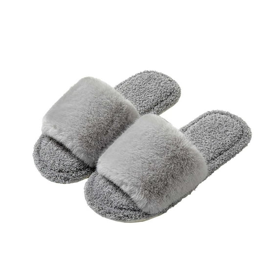 Tao Tao Fuzzy Slippers For Women Open Toe Curly Fur Fluffy House Shoes Memory Foam Thick Sole Non-Slip Slides Cozy Sandals Indoor Outdoor Dark Gray 36