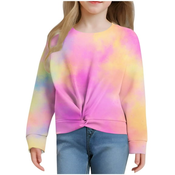 Tao Tao Girls Casual Twist Front Lightweight Sweatshirt Tie Dye Printed Crewneck Long Sleeve Crop Tops Pullover Pink 7 Years