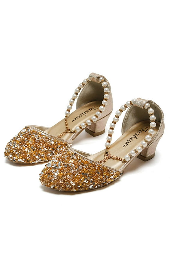 Girls Dress Shoes Princess Crystal High Heels Closed Toe Party Wedding Flower Girls Shoes Toddler Little Big Kid Gold 7-8 Years