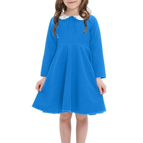 Tao Tao Girls Long Sleeve Dress Casual Vintage Peter Pan Collar Swing Party Dress Blue 3 Years