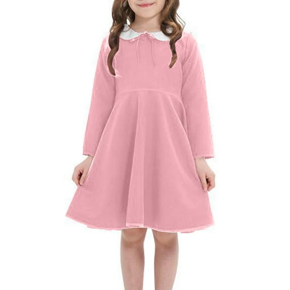 Tao Tao Girls Long Sleeve Dress Casual Vintage Peter Pan Collar Swing Party Dress Pink 2 Years