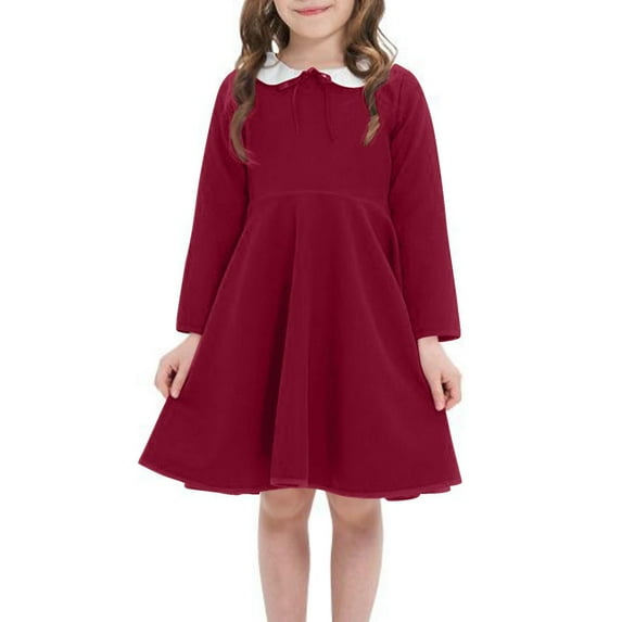 Tao Tao Girls Long Sleeve Dress Casual Vintage Peter Pan Collar Swing Party Dress Red 7 Years