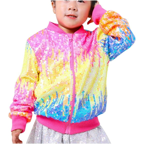 Tao Tao Girls' Ombre Sequin Bomber Jacket with Pockets Lightweight Sparkle Long Sleeve Zipper Gradient Jackets for Kid Multicolor 110