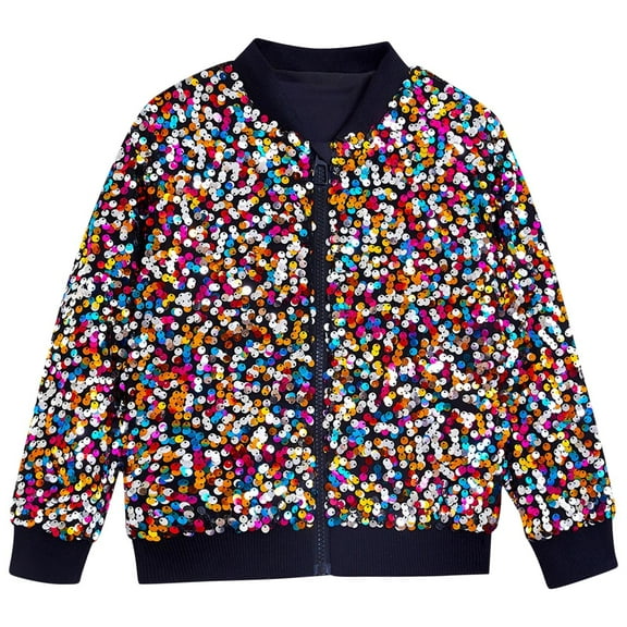 Tao Tao Girls Sequin Sparkle Bomber Jacket With Pockets Lightweight Zipper Long Sleeve Jackets For Kids Multicolor 150
