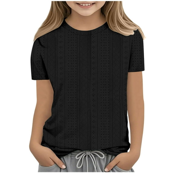 Tao Tao Girls Trendy T-Shirt Short Sleeve Hollow Out Shirts Kids Cute Crewneck Blouse Tops Casual Loose Summer Blouses Black 120
