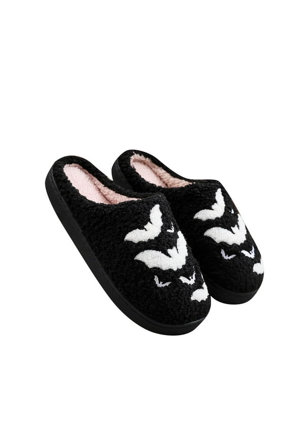 Halloween Slippers For Women Men Fuzzy Preppy Slipper Warm Funny Bat Slipper House Couple Slipper Memory Foam Shoes Black 40