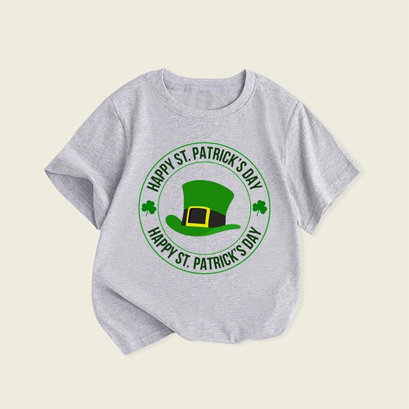 Tao Tao Happy St.Patrick's Day Kids Shirts Boys and Girls Green Hat Graphic T-Shirt Summer Irish Clover Tops Holiday Clothes Gray 1 Years