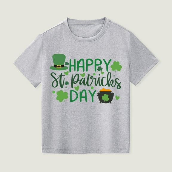 Tao Tao Happy St.Patrick's Day Short Sleeve For Kids Lucky Shamrock Tops Boys and Girls T Shirts Holiday Clothes 1-12 Years Summer Round Neck Comfortable Top Gray 3 Years