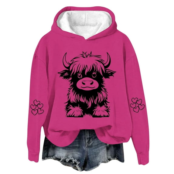 Tao Tao Hoodies For Kids Boys Girls Cute Funny Cow Graphic Sweatshirt Long Sleeve Loose Fit Pullover Tops Hot Pink 5 Years