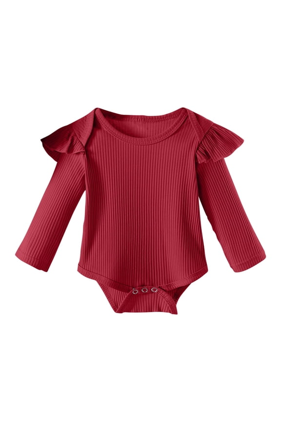 Infant Baby Girl Cotton Jumpsuits Basic Plain Rib Knit Ruffle Long Sleeve Romper Bodysuit Tops Spring New Collection Red 0 Months
