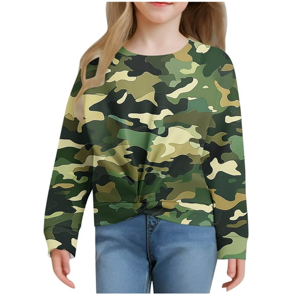 Tao Tao Kids Boys Girls Twist Front Sweatshirt Printed Crew Neck Long Sleeve Crop Tops Pullover Trendy Casual Shirt Olive Green 7 Years