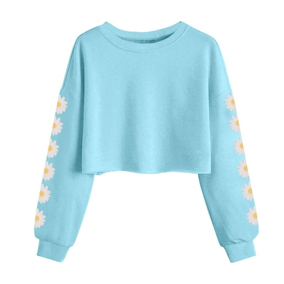 Tao Tao Kids Crop Tops Girls Long Sleeve Tee Shirts Cute Daisy Pinted Fashion Sweatshirt Pullover Top New Sweatshirt Light Blue 130
