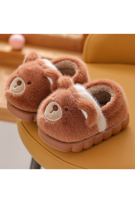 Kids Slippers Toddler Boys Girls Cute Cartoon Animal Slippers Winter Plush Warm House Shoes Anti-Slip Novelty Slippers for Children Indoor Outdoor Coffee 30