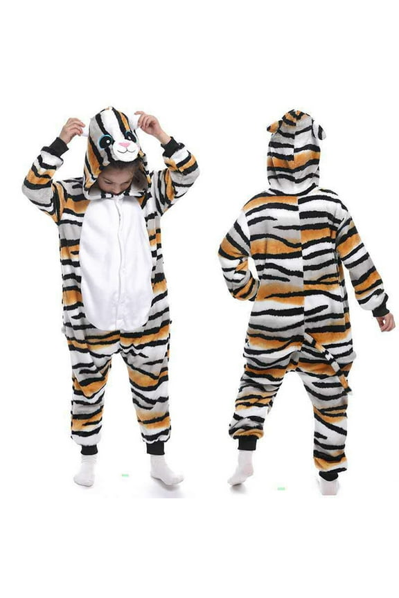 Kids Tiger Cat Hooded Jumpsuit Pajamas For Boys Girls Unisex Plush One Piece Animal Sleepwear For Christmas Khaki 140