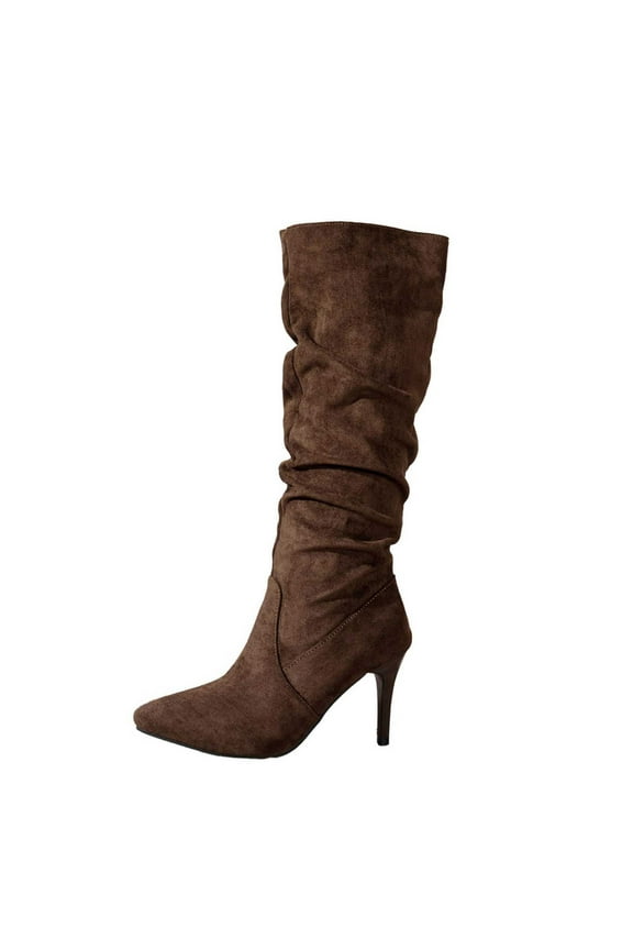 Knee High Boots Women Pointed Toe Tall Boots High Heel Long Boots Side Zipper Dress Knee High Boots Coffee 37