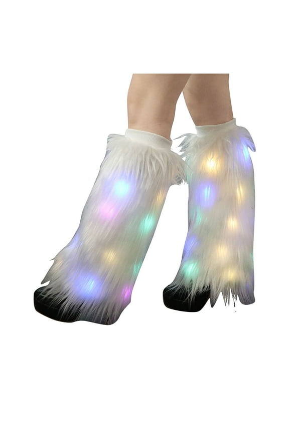 LED Fuzzy Leg Warmers For Womens Grils, Plush Soft Furry Winter Long Boot Cuff Wrist Covers Boots Sleeves White 25CM
