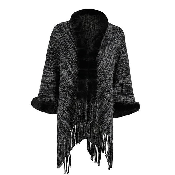 Tao Tao Ladies Knitted Loose Shawl Coat, Faux Fur Collar Open Front Cardigan Sweater Poncho Cape for Weddings Evening Dresses Black Free Size
