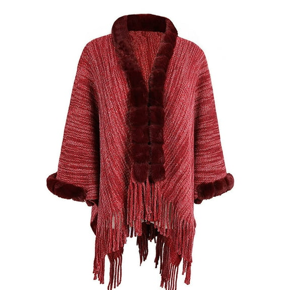 Tao Tao Ladies Knitted Loose Shawl Coat, Faux Fur Collar Open Front Cardigan Sweater Poncho Cape for Weddings Evening Dresses Red Free Size