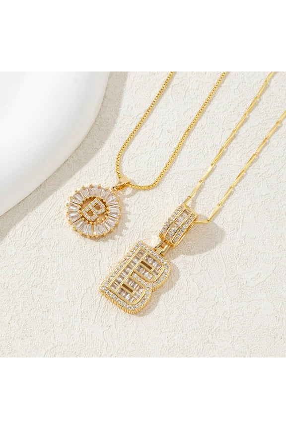 Tao Tao Letter Necklace 14k Gold Plated Bling Dainty Necklaces Trendy Chunky Custom Name Necklace Personalized Round Circle Pendant Zirconia Letters Name Crystal Jewelry Gifts for Women B