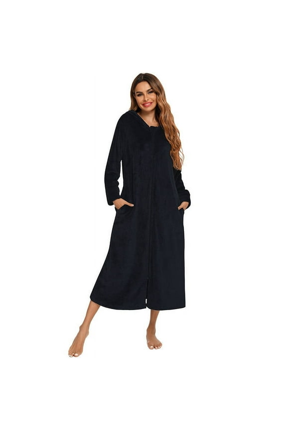 Long Hooded Zipper Bathrobe For Womens Flannel Fleece Robes Winter Warm Housecoat Nightgown Sleepwear Pajamas Black XL