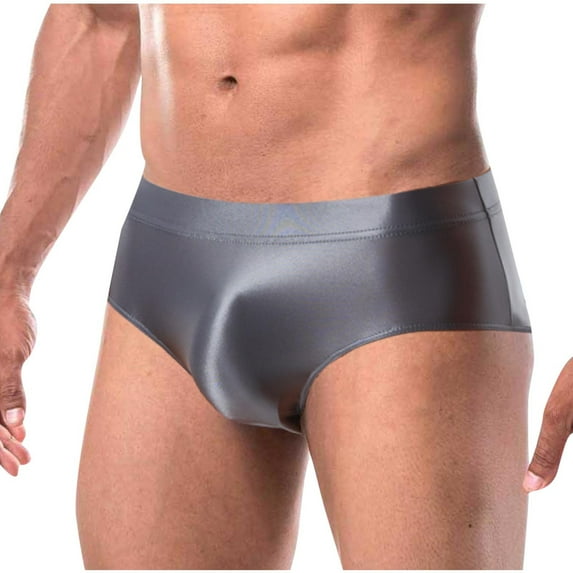 Tao Tao Men Shiny Oil Silk Low Rise Pouch Underwear Elastic Bikini Briefs Swimwear Underpants Panties Gray 2XL
