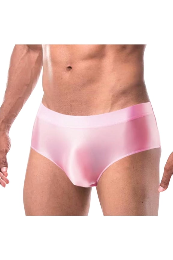 Men Shiny Oil Silk Low Rise Pouch Underwear Elastic Bikini Briefs Swimwear Underpants Panties Pink 2XL