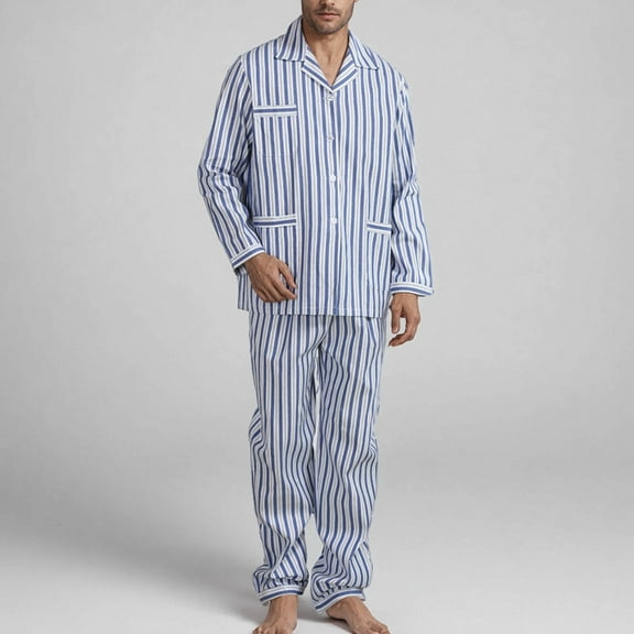 Tao Tao Men’s Cotton Striped Pajamas Set Turndown Collar Long Sleeves Pajamas Elastic High Waist Pants For Men Pockets Button Loungewear Sets Blue S