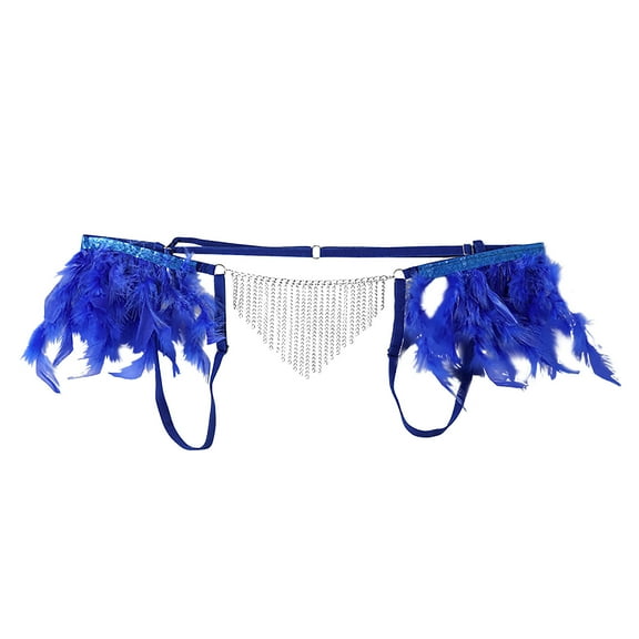 Tao Tao Men's Low Rise Briefs Shiny Metal Chain Tassel Thongs Feather Trim G-String Underpants Blue L