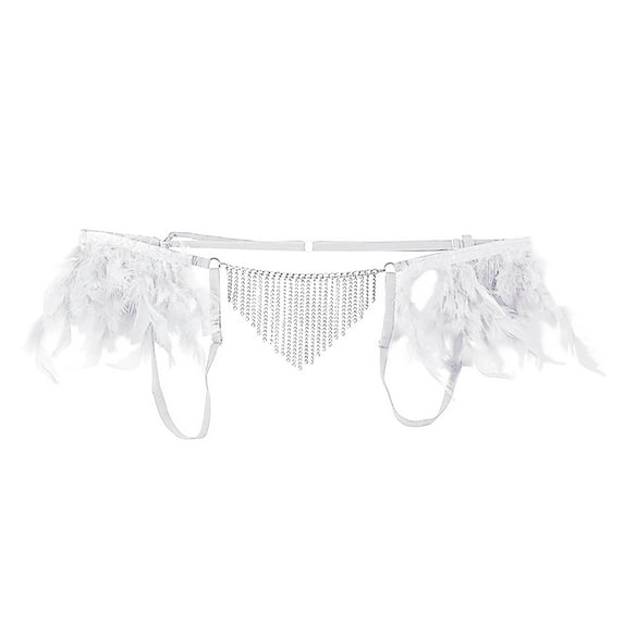 Tao Tao Men's Low Rise Briefs Shiny Metal Chain Tassel Thongs Feather Trim G-String Underpants White XL