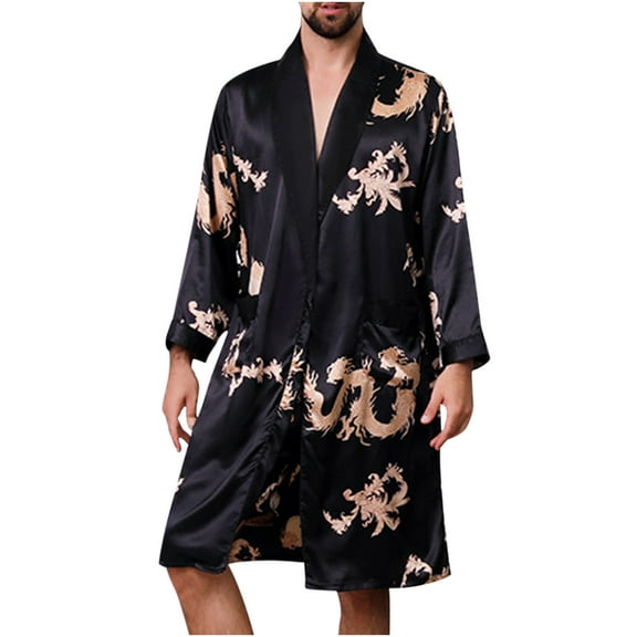 Tao Tao Men's Satin Robe Dragon Luxurious Silk Spa Long Sleeve House Kimono Bathrobe Black M